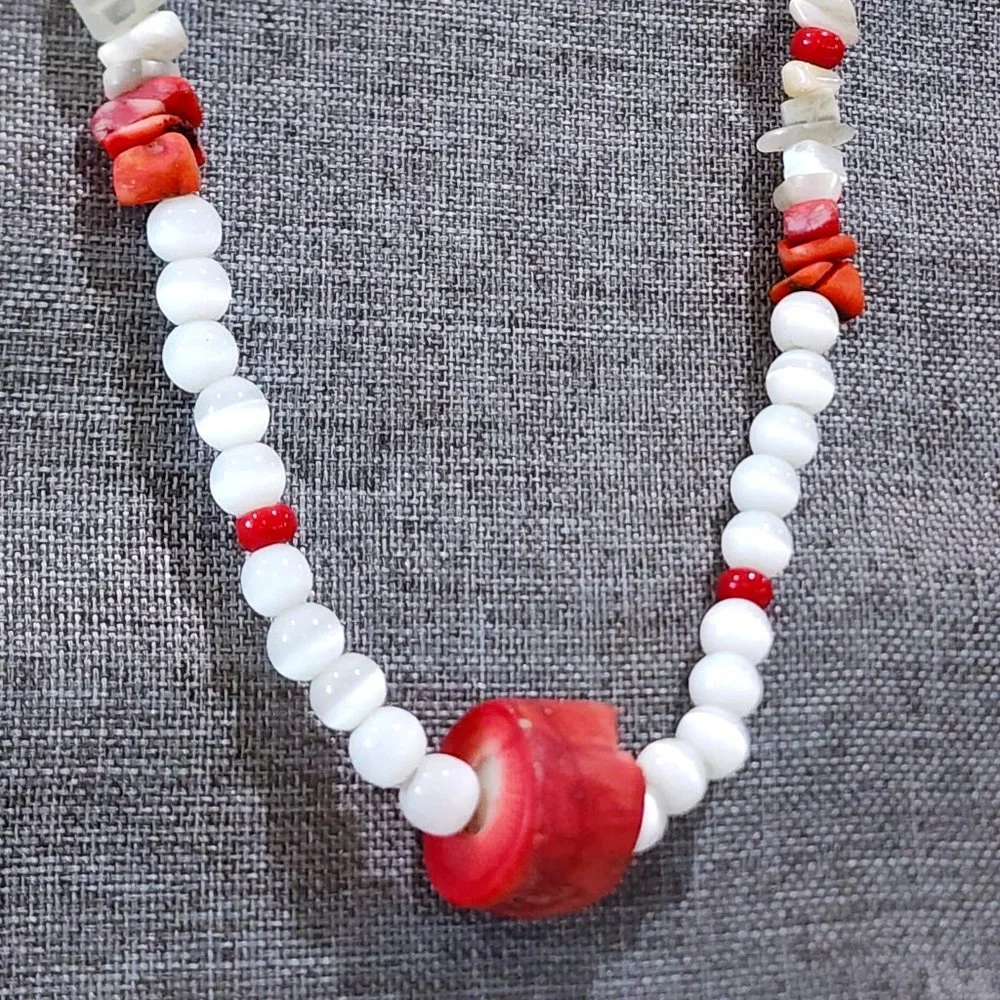 MCM White Abalone Mother of Pearl and Red Natural Stone Beaded Necklace